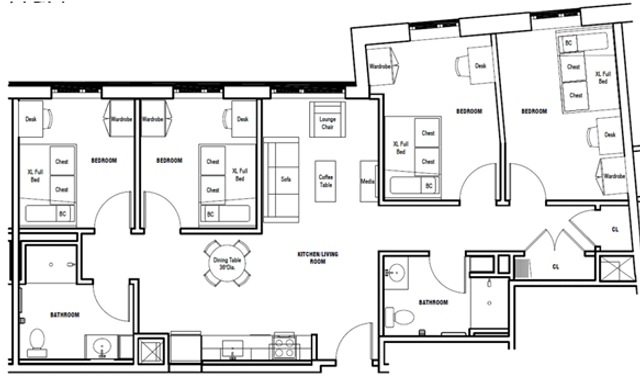 Modern 2D floor plan showcasing 4 spacious bedrooms, open kitchen-living room, and two elegant bathrooms, perfect for family living.