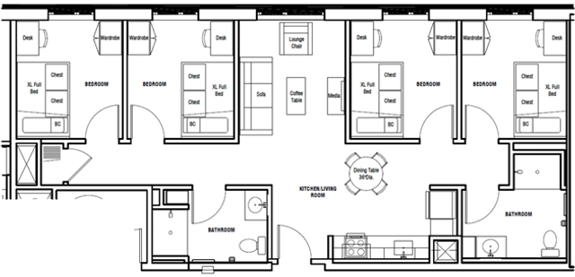 Modern floor plan showcasing 4 bedrooms, dual bathrooms, and a seamless kitchen-living area, optimized for comfort and style.