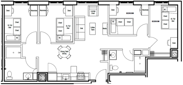 Contemporary floor plan illustrating a sleek 2-bedroom, 1-bathroom apartment with spacious living areas, modern kitchen, and chic furnishings.