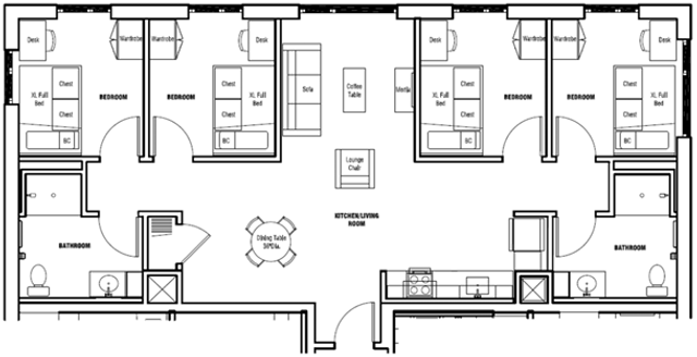 Modern floor plan showcasing 4 bedrooms, an expansive kitchen and living area, along with 2 bathrooms, optimized for style and comfort.