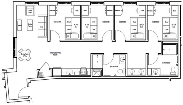 Modern floor plan featuring four bedrooms, open kitchen-living area, dual bathrooms, and lounge space with dining area.
