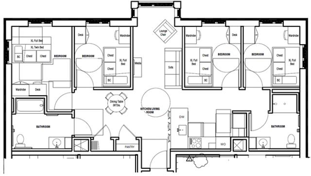 Detailed floor plan showcasing 4 bedrooms, expansive kitchen-living area, and multiple bathrooms, perfect for modern living.