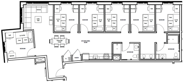 Expansive floor plan featuring 6 bedrooms, a versatile kitchen living room, and two well-appointed bathrooms.