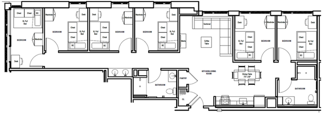 Modern floor plan featuring five bedrooms, spacious kitchen-living area, and two bathrooms, perfect for family living.