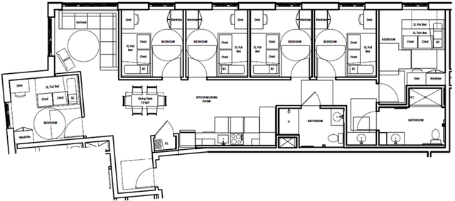 Modern floor plan showcasing 5 bedrooms, open kitchen, and spacious living area with dual bathrooms.