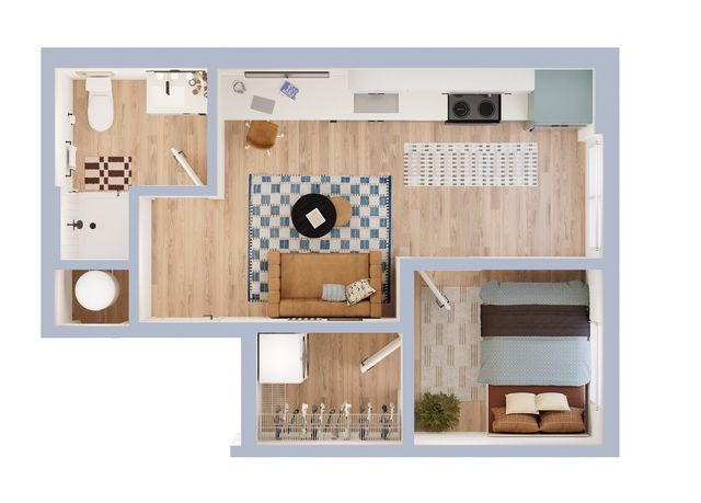 Modern floor plan showcasing an open-concept living area, a cozy bedroom, efficient kitchen, and stylish bathroom layout.