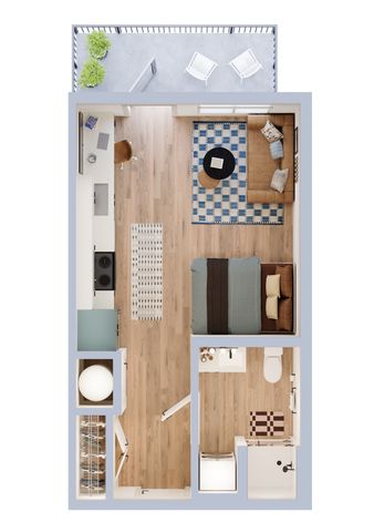 Modern 2D floor plan featuring a cozy bedroom, stylish open-concept living area, sleek kitchen, and spacious balcony.