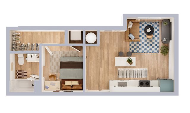 Modern 1-bedroom floor plan featuring an open-concept living area, stylish kitchen, and a chic bathroom.
