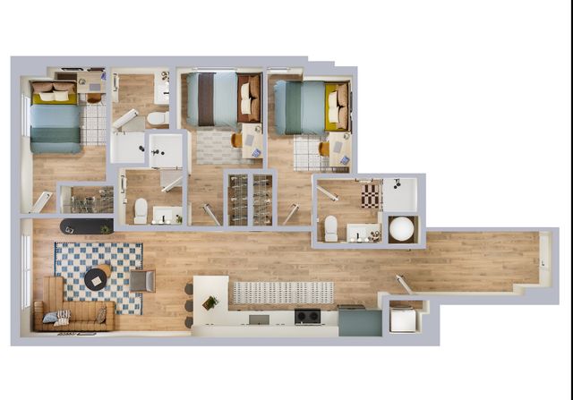 Modern 3-bedroom apartment floor plan showcasing a spacious open-concept living and dining area, stylish kitchen, and elegant flooring.