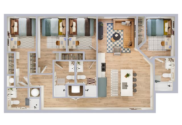 Modern floor plan showcasing 3 spacious bedrooms, an inviting open-concept living and dining area, elegant kitchen with island seating, and luxurious bathrooms.