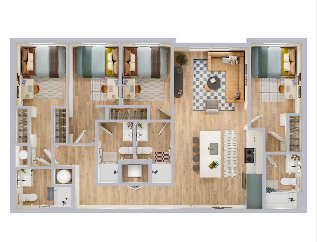 Modern and spacious floor plan featuring 3 cozy bedrooms, an inviting open-concept living room, stylish kitchen with island, and contemporary bathrooms. Perfect for family living.