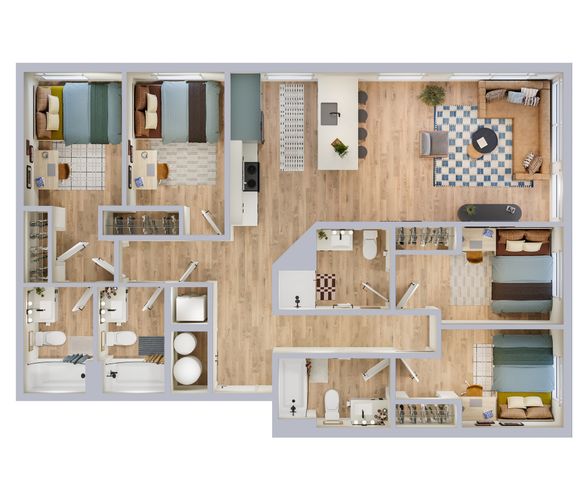 Modern and spacious 2D floor plan featuring 4 bedrooms, elegant open-concept living and dining area, sleek kitchen with island, and multiple bathrooms for convenience.
