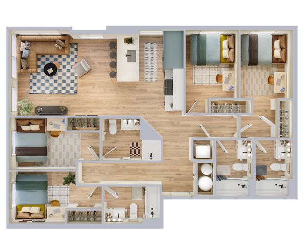 Modern apartment floor plan showcasing 4 bedrooms, spacious living area, and open kitchen design with three bathrooms, offering a luxurious and functional living space.