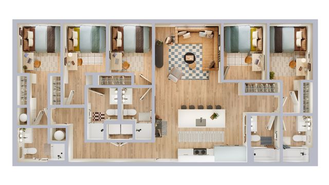 Modern 3D floor plan showcasing 4 bedrooms, an inviting open-concept living and dining area, and a sleek kitchen with bar seating, all designed for contemporary living.
