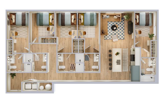 Modern floor plan showcasing 3 spacious bedrooms, elegant bathrooms, an open living area, and a stylish kitchen with a breakfast bar.