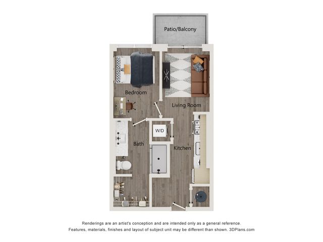 Modern floor plan showcasing 1-bedroom apartment with spacious living room, stylish kitchen, and inviting patio/balcony.