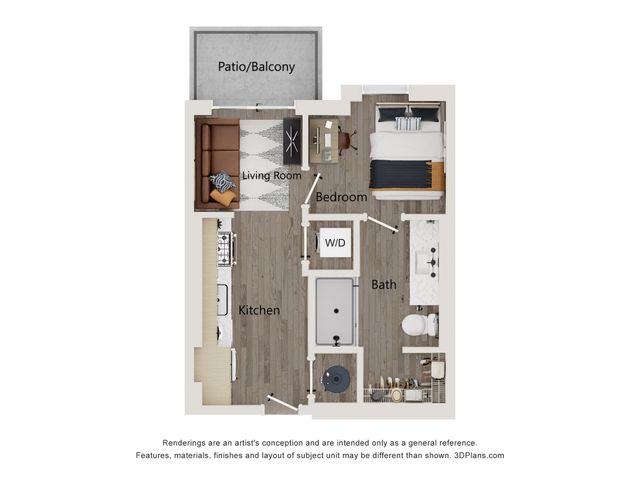 Modern apartment floor plan featuring a cozy bedroom, stylish living room, efficient kitchen, sleek bathroom, and inviting patio/balcony.