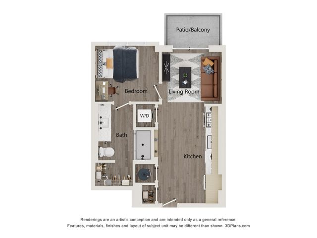 Chic floor plan showcasing 1-bedroom apartment with modern kitchen, cozy living room, spacious bath, and private patio/balcony.