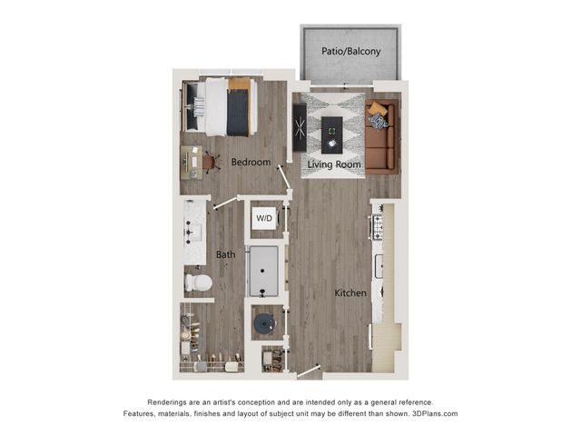 Modern floor plan showcasing a cozy 1-bedroom apartment with an open kitchen, inviting living room, and private patio/balcony.