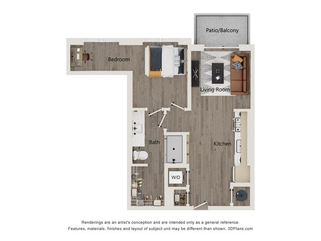 Modern one-bedroom apartment floor plan featuring an open living room, sleek kitchen, and private patio/balcony.