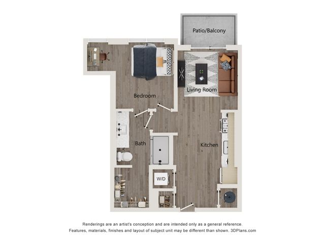 Chic 1-bedroom apartment floor plan with modern kitchen, cozy living room, and private patio/balcony.