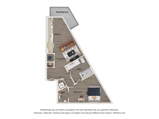 Elegant floor plan showcasing a modern 1-bedroom apartment with an open-concept kitchen and living room, stylish bath, and inviting patio/balcony.
