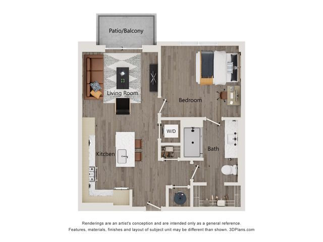 Modern 1-bedroom apartment floor plan with a spacious living room, sleek kitchen, and a cozy patio.
