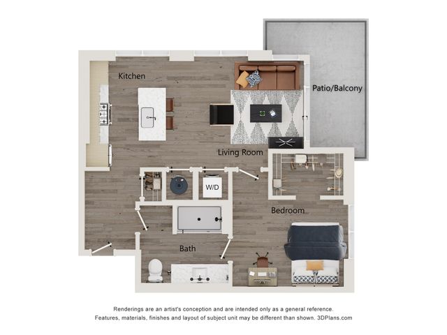 Modern floor plan featuring a cozy bedroom, open-concept living and kitchen area, luxurious bath, and spacious patio balcony.