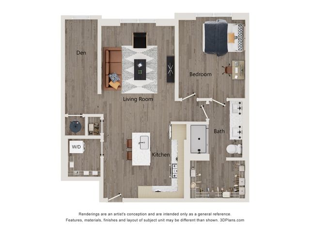 Modern floor plan showcasing a spacious one-bedroom layout with a cozy den, open-concept living room, elegant kitchen, and efficient bath.