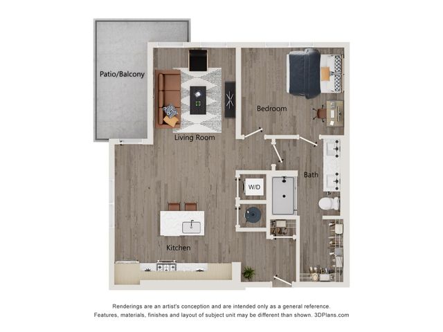 Modern apartment floor plan featuring 1 bedroom, an open-concept kitchen and living room, and a generous patio/balcony area.