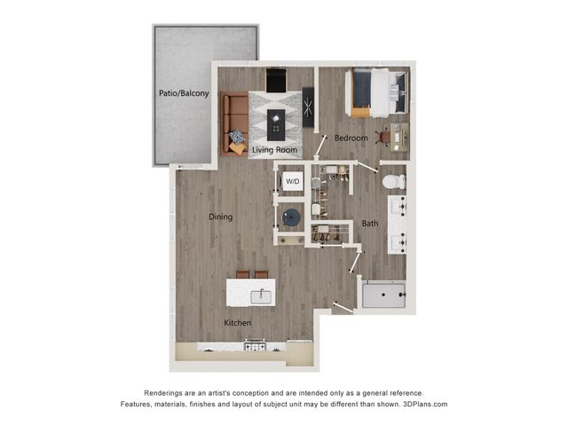 Chic 1-bedroom floor plan showcasing a bright living room, modern kitchen, and dining area with access to a spacious patio.