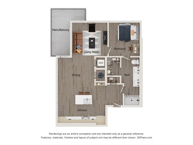 Modern 2D apartment floor plan with 1 bedroom, open living and dining area, stylish kitchen, spacious bath, and inviting patio balcony.