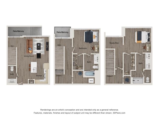 Modern three-level floor plan featuring open-concept living room and kitchen, two spacious bedrooms, a study/den, and multiple patios for outdoor enjoyment.