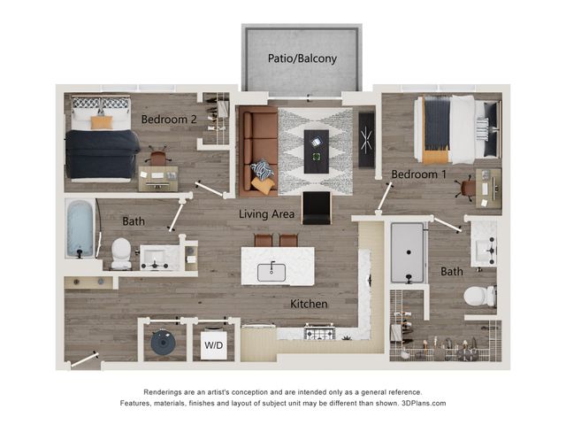 Contemporary floor plan showcasing 2 bedrooms, spacious living area, modern kitchen, and private patio, perfect for comfortable living.
