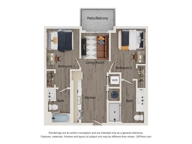 Modern 2D floor plan showcasing 2 bedrooms, spacious living room, sleek kitchen, and cozy patio/balcony.