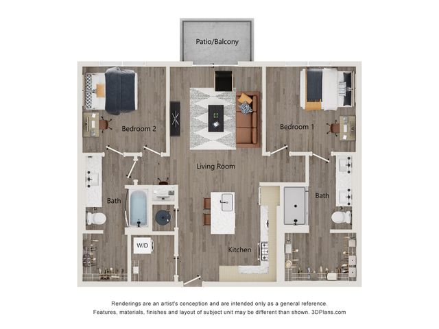 Modern apartment floor plan featuring 2 bedrooms, 2 baths, open kitchen, and inviting living room with a patio/balcony.