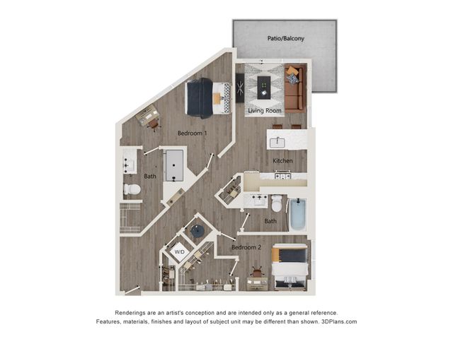Modern apartment floor plan featuring 2 bedrooms, an elegantly designed kitchen, open living room, and a private patio/balcony.