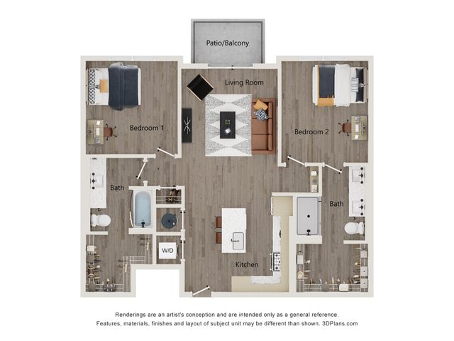 Inviting floor plan featuring 2 bedrooms, 2 bathrooms, a cozy living room, stylish kitchen, and a private patio.