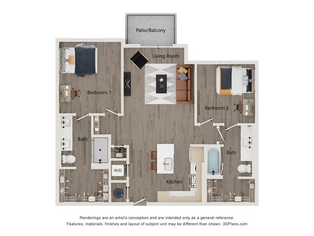 Modern 2-bedroom apartment floor plan featuring a cozy living room, open kitchen, and two stylish bathrooms with an inviting patio.