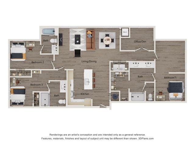 Contemporary floor plan showcasing 3 bedrooms, 3 baths, an open living/dining area, modern kitchen, and an office/den.