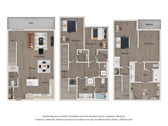 Elegant floor plan featuring three levels with a spacious living room, modern kitchen, three bedrooms, office/den, two patios, and three bathrooms.