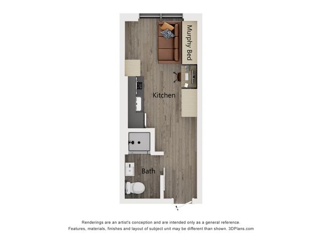 Modern studio floor plan with Murphy bed, compact kitchen, and sleek bathroom layout.