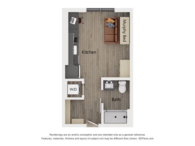 Modern studio apartment floor plan featuring a versatile Murphy bed, sleek kitchen area, compact bath, and in-unit washer/dryer.
