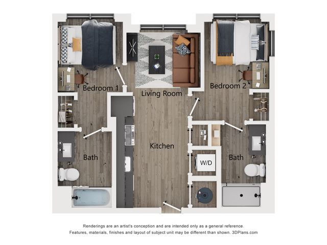 Modern floor plan featuring 2 bedrooms, a cozy living room, stylish kitchen, and 2 elegant bathrooms.