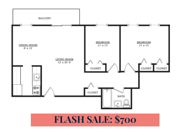 Chic floor plan with 2 spacious bedrooms, open living and dining area, and a balcony for just $700 in the flash sale.