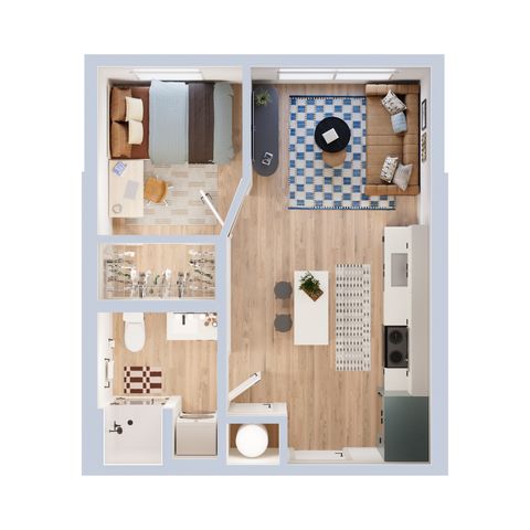 Sophisticated 2D floor plan showcasing a cozy one-bedroom apartment with a modern open-plan living and kitchen area, stylish bathroom, and elegant wood flooring.