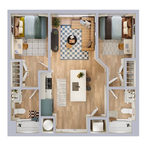 Modern 2D floor plan showcasing two cozy bedrooms, an inviting open-concept living area, a sleek kitchen with island seating, and two well-appointed bathrooms.