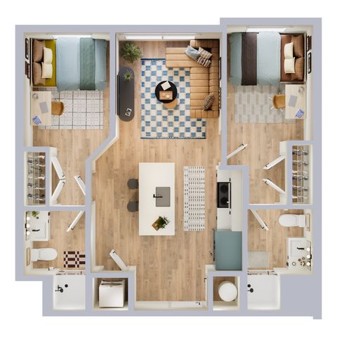 Modern 2D apartment floor plan featuring two spacious bedrooms, a stylish open-plan living area, a contemporary kitchen with an island, and cozy cozy workspace nooks.
