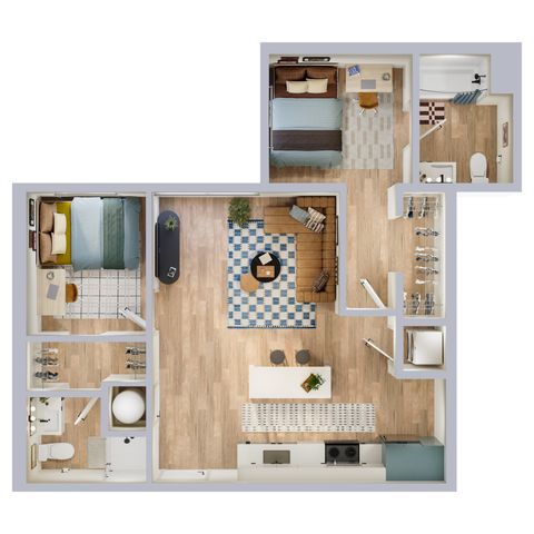 Modern apartment floor plan showcasing 2 bedrooms, a spacious living room, an open kitchen, and two bathrooms with sleek design.