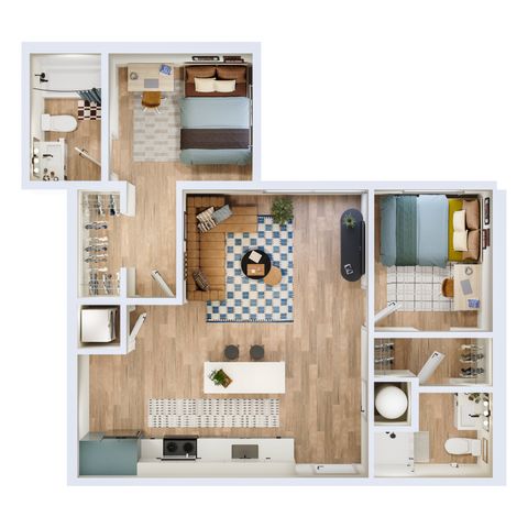 Modern 2D floor plan featuring 2 bedrooms, spacious open-concept living area, and sleek kitchen design.
